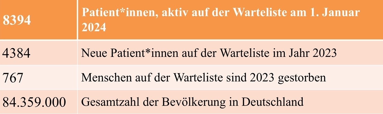 Tabelle in Deutsch mit Statistiken zu Patienten und Bevölkerung: aktive Patienten auf einer Warteliste, neue Patienten im Jahr 2023, im Jahr 2023 verstorbene Patienten und Gesamtbevölkerung in Deutschland im Jahr 2024.